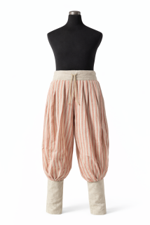 Nabírané lněné kalhoty červeno-přírodní proužek, vel. 28