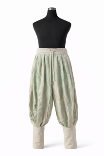 Nabírané lněné kalhoty zeleno-přírodní proužek, vel. 30